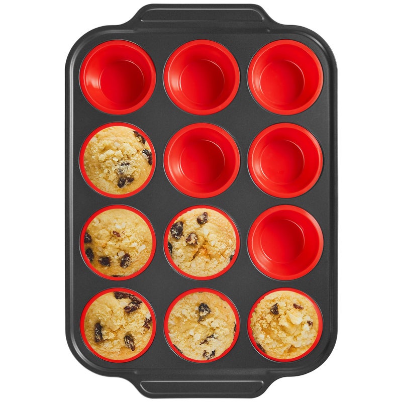 BRONYPRO Silicone Muffin Pans for Baking with Metal Frame Egg Bite Molds Cupcake Pans 12 Regular Size Muffin Tins Easy to Pop Nonstick Non Toxic Bakeware for Oven Red