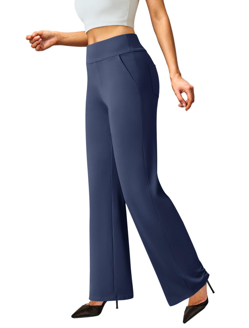 FireSwan Womens Dress Pants Stretchy Wide Leg Work Pants Business Casual Trousers Pull On Office Slacks with 4 Pockets Navy Blue - Image 1