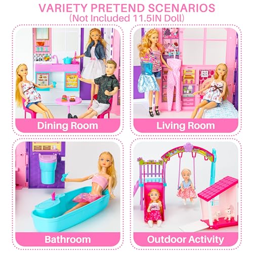 Style Shine Doll House Portable  Foldable Dollhouse w 60 Pcs  2 Dolls Play House Toy with Bedroom Bathroom Kitchen Furniture Playset Playhouse Gift for Girl Kid Toddler - Image 5