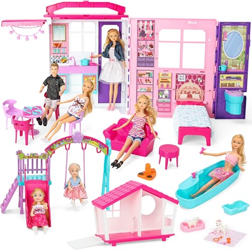 Style Shine Doll House Portable  Foldable Dollhouse w 60 Pcs  2 Dolls Play House Toy with Bedroom Bathroom Kitchen Furniture Playset Playhouse Gift for Girl Kid Toddler - Image 1