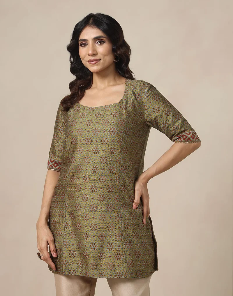 فاب انديا Lime Cotton Silk Hand Block Printed Slim Fit Short Kurta