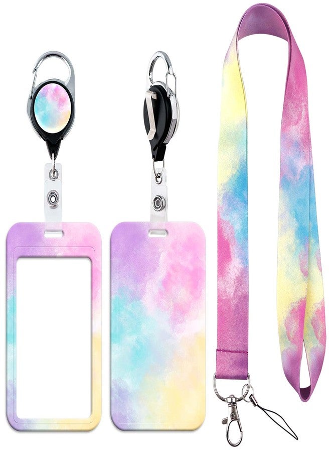 DMLSKY Rainbow Watercolour Badge Holder Lanyard for Nametag Retractable Badge Reel Clip for Keys Men Women Work ID Student Teacher - Image 1