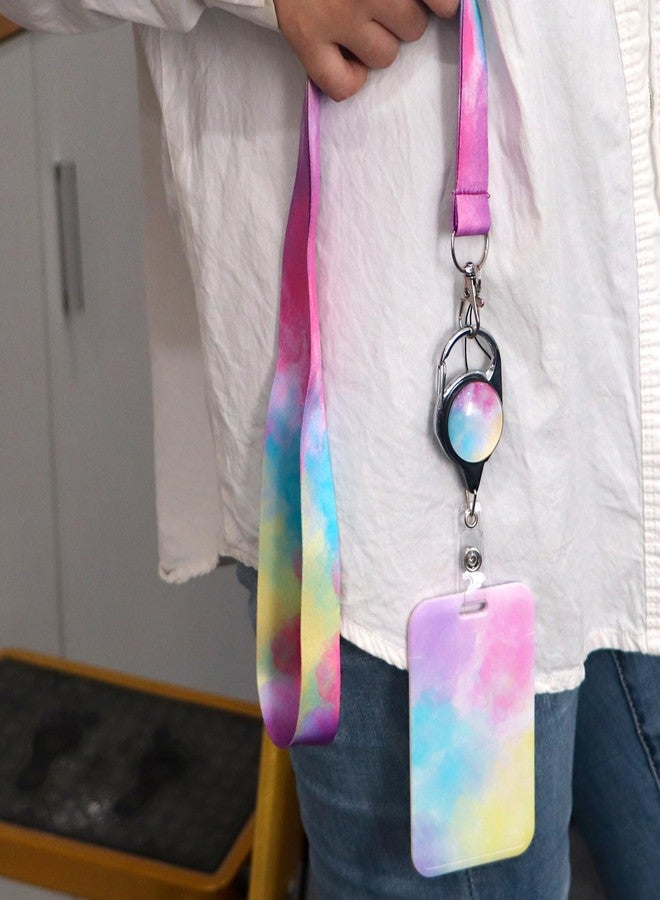 DMLSKY Rainbow Watercolour Badge Holder Lanyard for Nametag Retractable Badge Reel Clip for Keys Men Women Work ID Student Teacher - Image 2