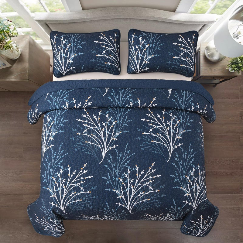 DJY Navy Queen Size Quilt Set Branch Botanical Pattern Bedspread Coverlet Set, 3 Pieces Navy Blue Tree Floral Quilt Bedding Set, Soft Lightweight Microfiber Reversible Bed Cover for All Season, 96''x90'' - Image 3