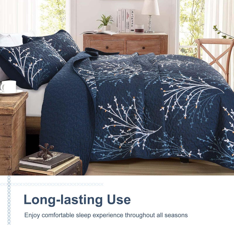 DJY Navy Queen Size Quilt Set Branch Botanical Pattern Bedspread Coverlet Set, 3 Pieces Navy Blue Tree Floral Quilt Bedding Set, Soft Lightweight Microfiber Reversible Bed Cover for All Season, 96''x90'' - Image 4