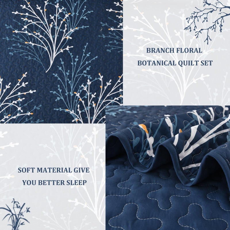 DJY Navy Queen Size Quilt Set Branch Botanical Pattern Bedspread Coverlet Set, 3 Pieces Navy Blue Tree Floral Quilt Bedding Set, Soft Lightweight Microfiber Reversible Bed Cover for All Season, 96''x90'' - Image 5