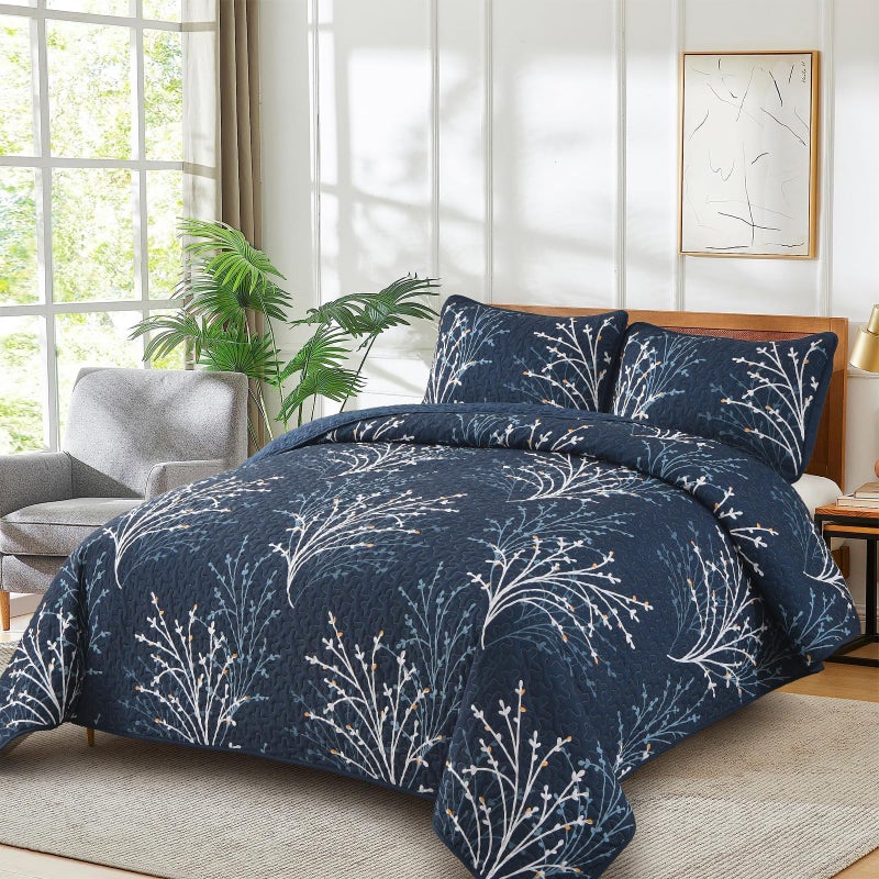 DJY Navy Queen Size Quilt Set Branch Botanical Pattern Bedspread Coverlet Set, 3 Pieces Navy Blue Tree Floral Quilt Bedding Set, Soft Lightweight Microfiber Reversible Bed Cover for All Season, 96''x90'' - Image 2