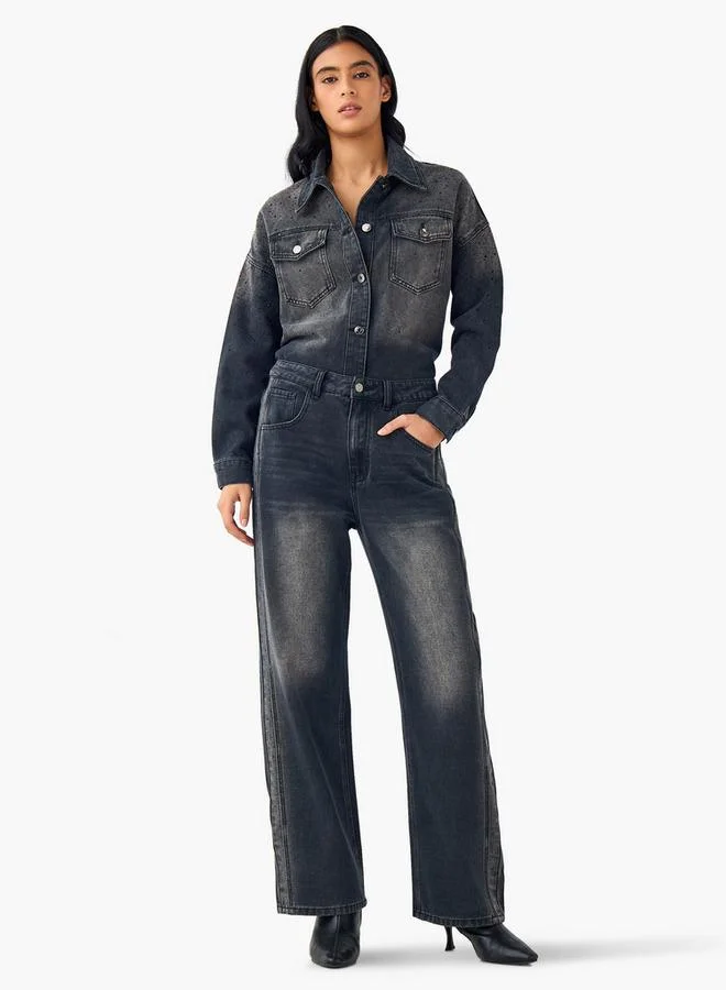 Splash FAV Straight Fit High Rise Jeans with Embellished Detail