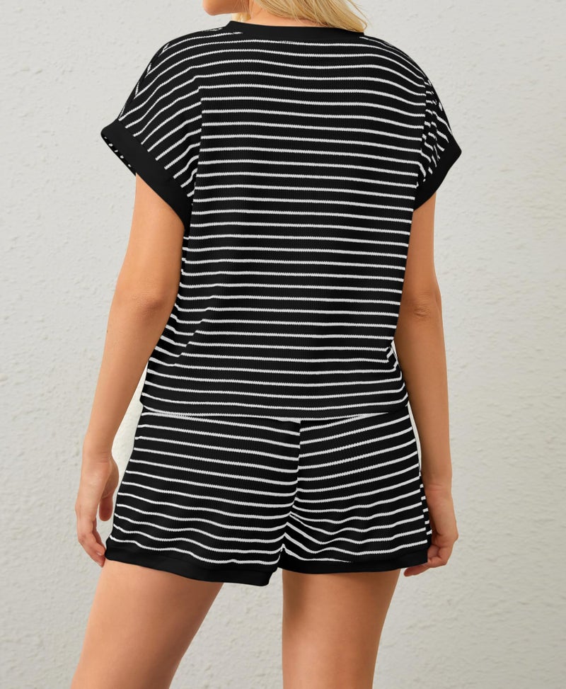 MISSACTIVER 2 Piece Lounge Set Women Stripe Knit Short Sleeve Tee Shirts Shorts Casual Summer Loungewear Shorts Sets - Image 3