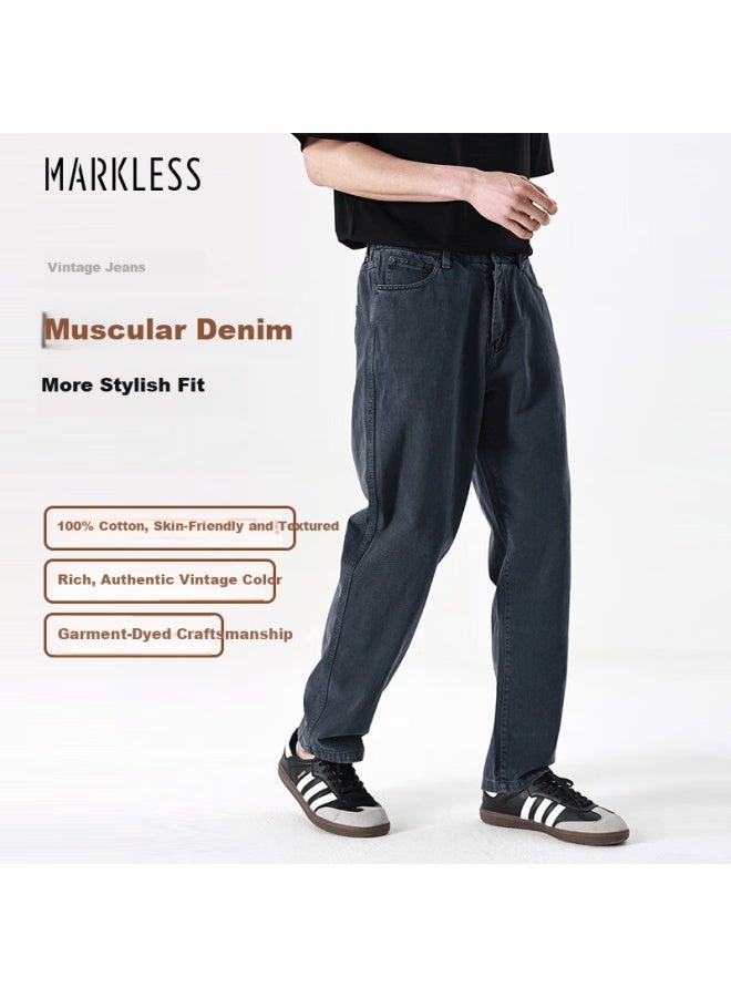 Markless Autumn Winter 100% Cotton Simple Loose Casual Denim Men's Straight Fit Versatile Pants 4801 Dark Blue S - Image 1