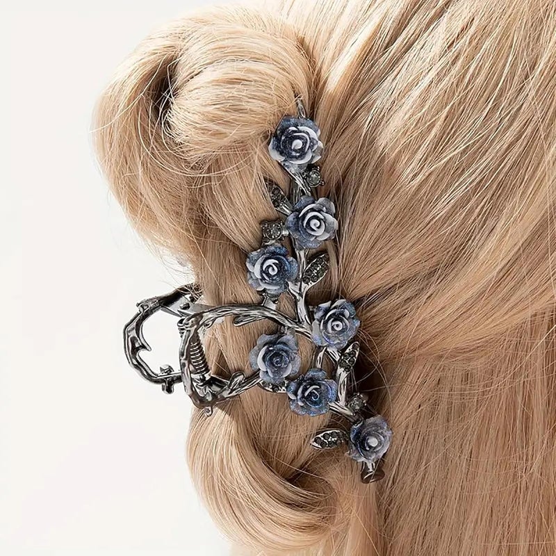 Large Metal Blue Floral Hair Claw Clips with Glitter Design  Spring Hair Accessories for Women Hair Styling and Decorations 1Pcs