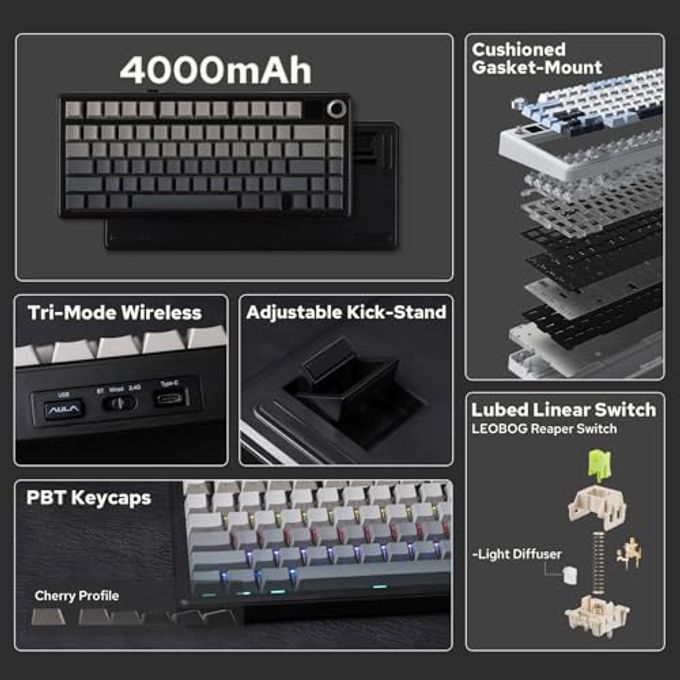 EPOMAKER X Aula F75 Max Wireless Mechanical Keyboard With Tft Screen And Knob, Gasket Gaming Keyboard In 75% Layout, Hot Swappable, Rgb Backlight, For Pc/Mac/Linux (Black Gradient) - Image 5
