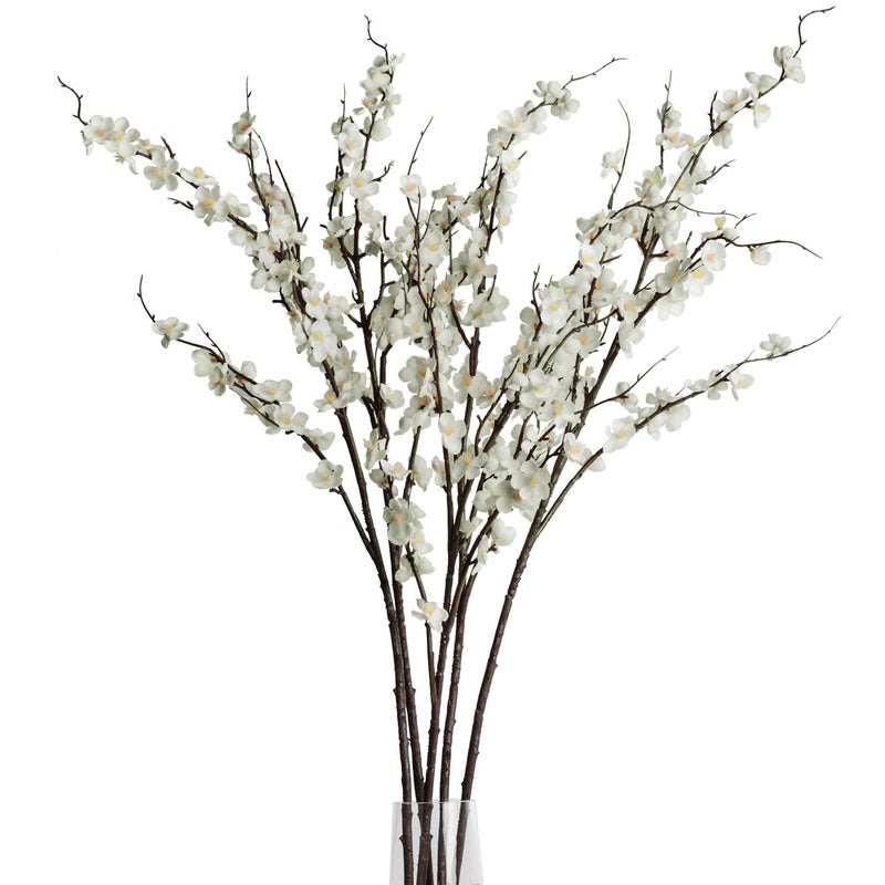 SLanC 5Pcs Silk Cherry Blossom Branches 39'' Artificial Flowers Faux Cherry Blossom Stems for Vase Summer Spring Wedding Decor (5, White) - Image 1