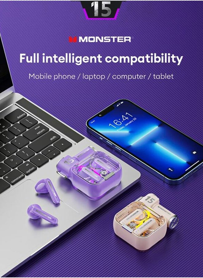 Monster - Monster XKT15 Wireless Bluetooth Earbuds Gaming Headphones Deep Bass Low Latency Game Headset with Built-in Microphone Noise Cancellation violet - Image 1