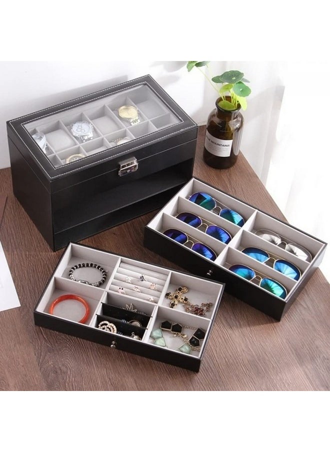 Styleys Styleys Watch Organizer Box with Glasses and Jewelry Drawer with Sunglasses Drawer - Black (W145)  - Image 2