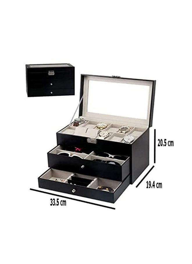 Styleys Styleys Watch Organizer Box with Glasses and Jewelry Drawer with Sunglasses Drawer - Black (W145)  - Image 4