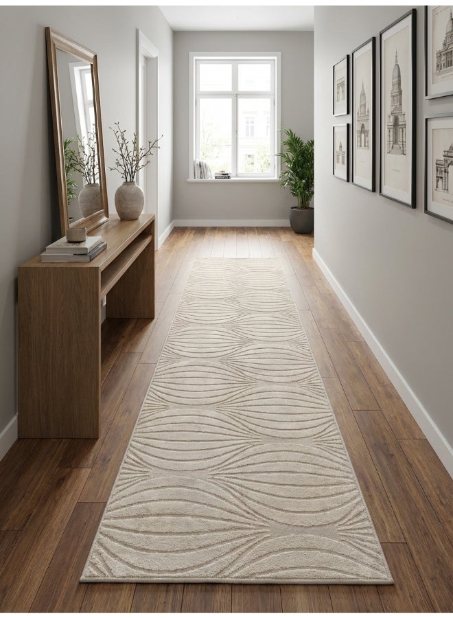 Noon East Carpet Rug Woven with Soft Texture |Polygon Rhythm Design  - Cream | Size - 60x230 cm - 2x7.5 ft |For Bedside runners, In front of TV units, Entry Hallway - Image 3