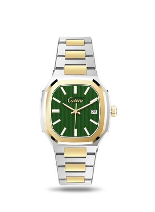 Silver and gold bracelet with green dial