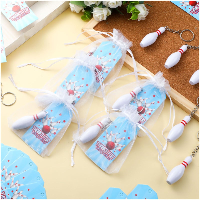 Remuuly 24 Pack Bowling Party Favors, Include Plastic Bowling Pins Keychain Sport Keychain with White Organza Bags and Thank You Tag for Bowling Party Favors, Team Sports Souvenir, Gifts for Athletes - Image 3