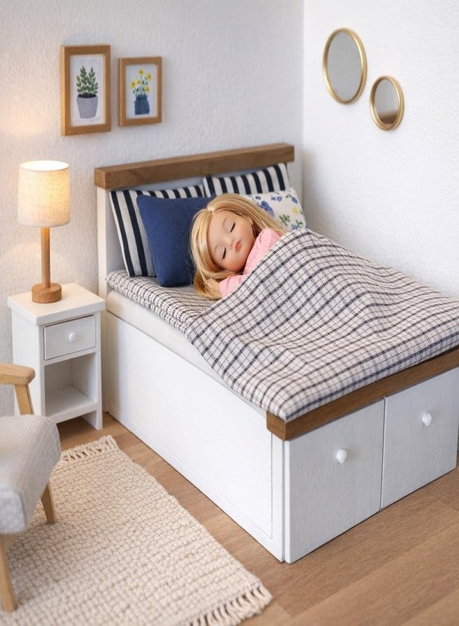 Inusitus Dollhouse White Queen Bed for 6 Inch Dolls, Mini Wooden Bed with Grey Bedding, Realistic Bedroom Accessories, 1:12 Scale - Image 2