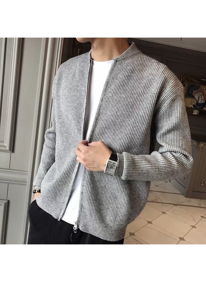 Cardigan Gray Autumn and Winter New Sweater Coat Men's Solid Color Knitted Fashion Long-sleeved -fit Top