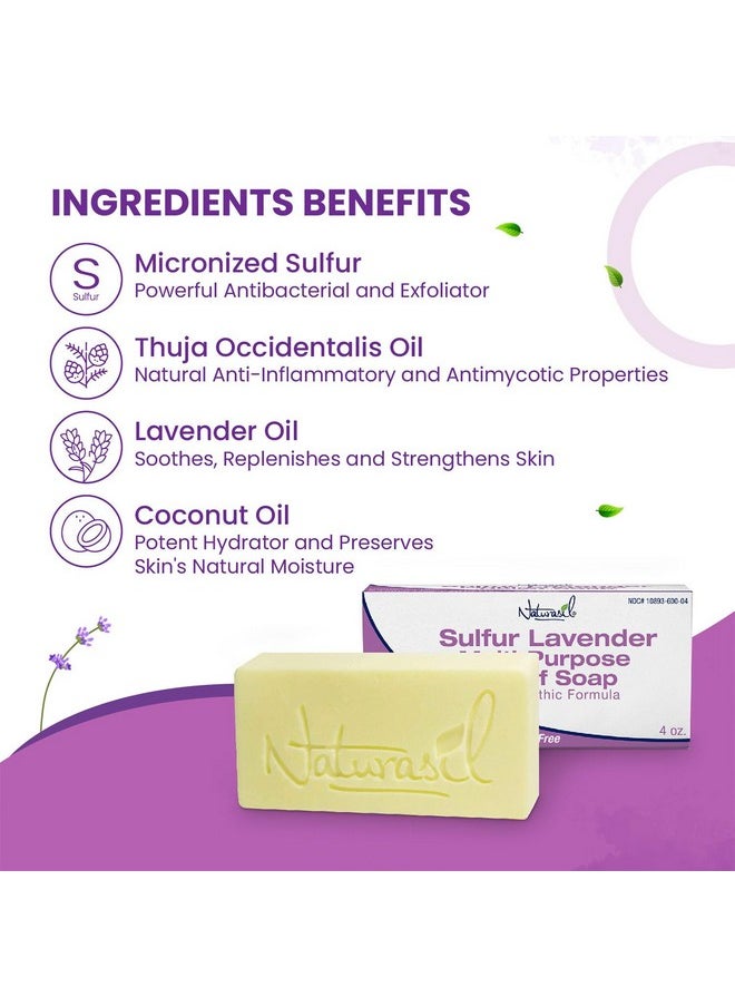 Naturasil - 10% Sulfur Lavender Soap Treatment Natural Relief For Acne Bug Bites Warts Mites Eczema Itching Discomfort For Kids & Adults Face & Body Soap 4Oz Bars (2) - Image 1
