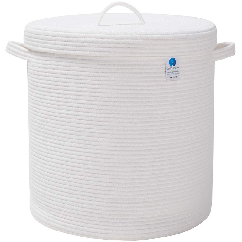 Cottonphant 16" x 16" x 18" Extra Large Storage Basket with Lid, Cotton Rope Storage Baskets, Laundry Hamper, Cloth Bin, for Clothes Towels Blankets Pillows Storage in Living Room, Full White Basket with Cover - Image 1