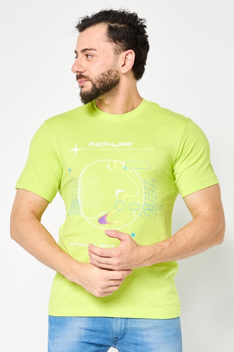 Replay Men Crew Neck Short Sleeves Graphic Print T-Shirt, Lime Green - Image 1