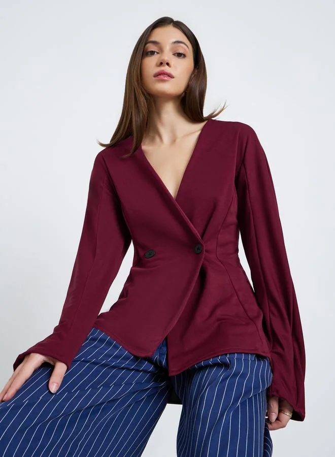 Styli Women Burgundy Long Sleeve V-Neck Top