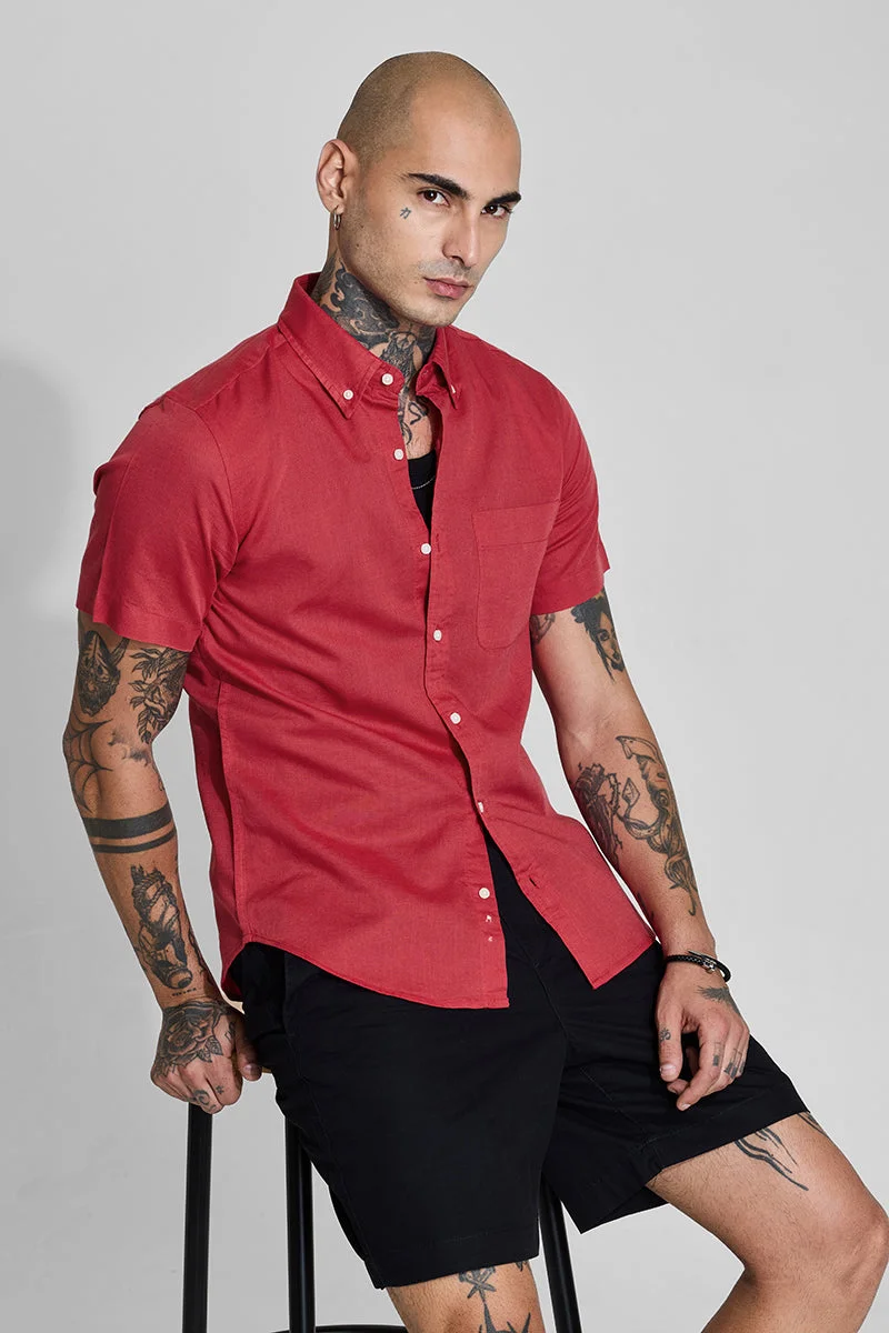 SNITCH Red Linen Blend Slim Fit Shirt