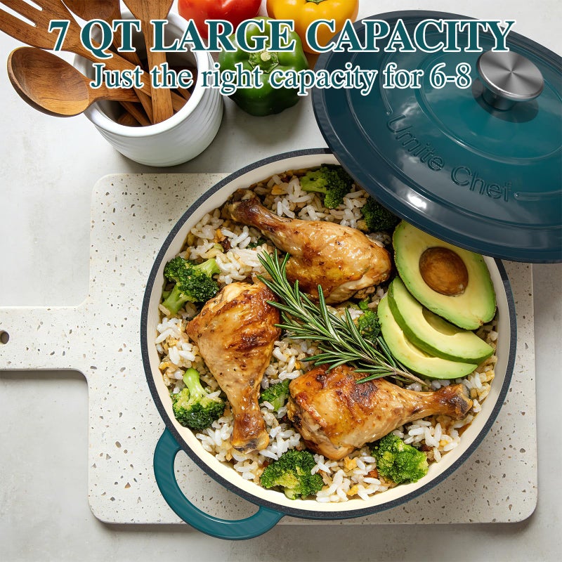 Umite Chef 7QT Enameled Cast Iron Dutch Oven with Lid & Cotton Potholdersâ€“Heavy-Duty Cookware for Bread Baking, Braising, Stews, Marinate, Cook(Emerald) - Image 4