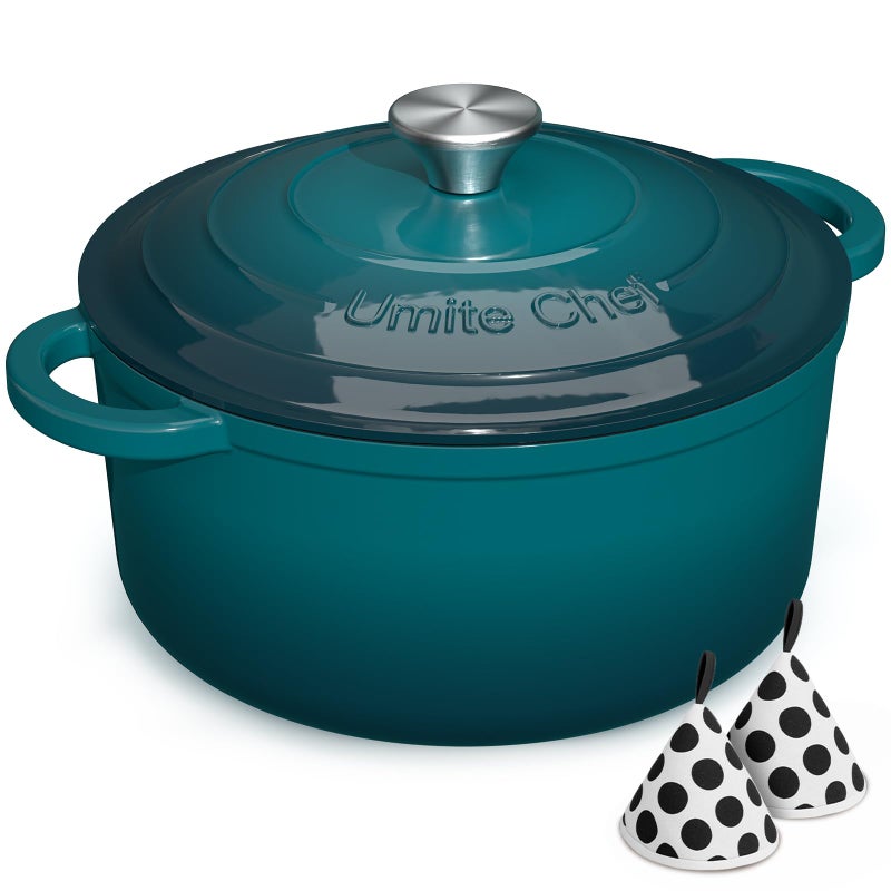 Umite Chef 7QT Enameled Cast Iron Dutch Oven with Lid & Cotton Potholdersâ€“Heavy-Duty Cookware for Bread Baking, Braising, Stews, Marinate, Cook(Emerald) - Image 1