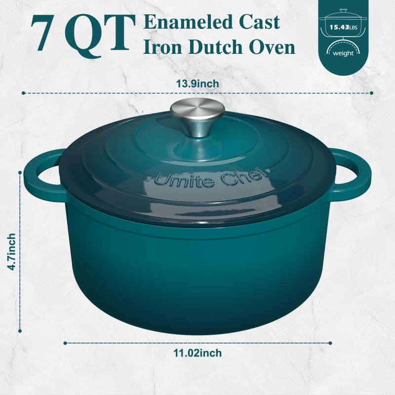 Umite Chef 7QT Enameled Cast Iron Dutch Oven with Lid & Cotton Potholdersâ€“Heavy-Duty Cookware for Bread Baking, Braising, Stews, Marinate, Cook(Emerald) - Image 2