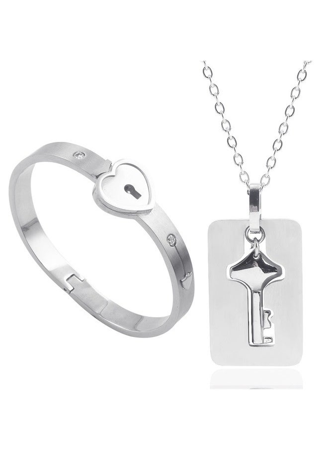 yongsheng 2-Piece Stainless Steel Jewelry Set，Romantic Stainless Steel Bracelet Love Heart Lock Bangle Key Pendants Necklace Lovers Jewelry set  - Image 1