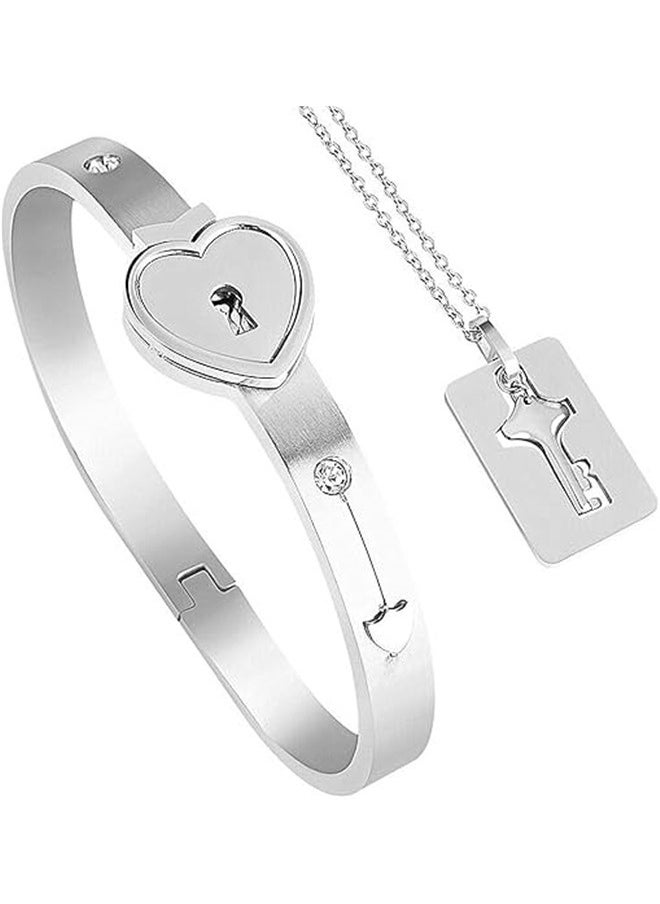 yongsheng 2-Piece Stainless Steel Jewelry Set，Romantic Stainless Steel Bracelet Love Heart Lock Bangle Key Pendants Necklace Lovers Jewelry set  - Image 2