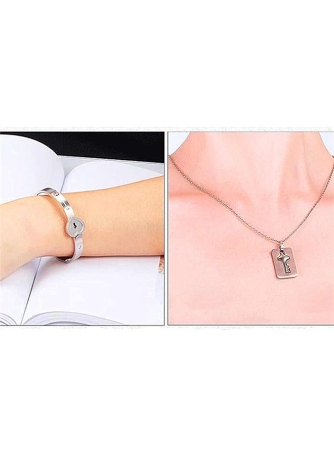 yongsheng 2-Piece Stainless Steel Jewelry Set，Romantic Stainless Steel Bracelet Love Heart Lock Bangle Key Pendants Necklace Lovers Jewelry set  - Image 5