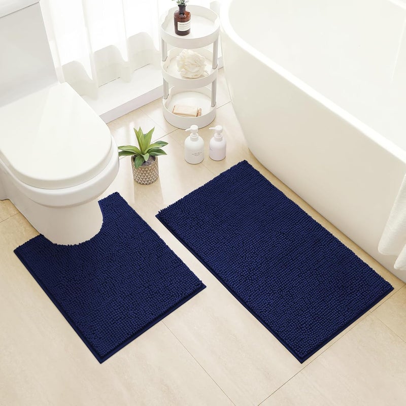 HOMEIDEAS 2 Pieces Bathroom Rugs Set Navy Blue, Ultra Soft Non Slip Bath Rug, Absorbent Chenille Bath Mat, Plush Bathroom Carpets Mats for Bathroom, Tub, Shower - Image 1