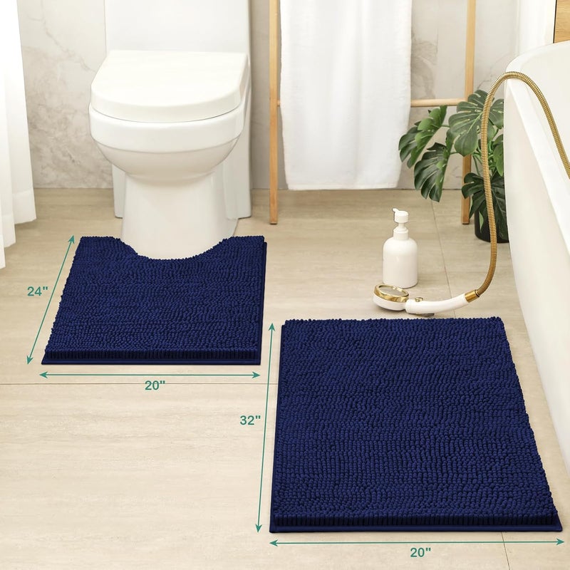 HOMEIDEAS 2 Pieces Bathroom Rugs Set Navy Blue, Ultra Soft Non Slip Bath Rug, Absorbent Chenille Bath Mat, Plush Bathroom Carpets Mats for Bathroom, Tub, Shower - Image 2