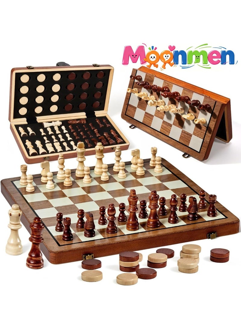 Moonmen Wooden 2 in 1 Magnetic Chess Set-15 Foldable Chess Set for Adults & Kids with Chess Pieces Storage Slots,Chess Board Game Set for Tournament Professional Beginner - Image 1