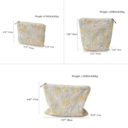 BBORGDC Small Cosmetic Bag Set of 3 for Purse, Beige Floral Cotton Makeup Pouch Set, 3 Sizes Zipper Organizer for Travel & Toiletries, Gift for Her Birthday, Bridesmaid & Best Friend - Image 2