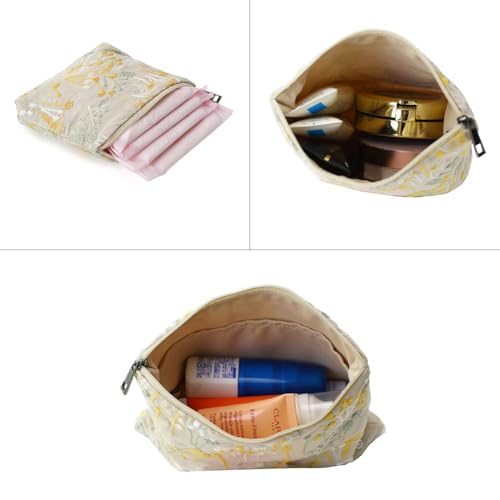 BBORGDC Small Cosmetic Bag Set of 3 for Purse, Beige Floral Cotton Makeup Pouch Set, 3 Sizes Zipper Organizer for Travel & Toiletries, Gift for Her Birthday, Bridesmaid & Best Friend - Image 4