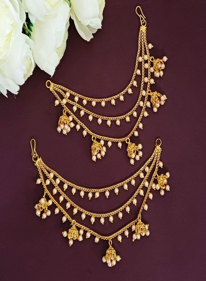 Efulgenz Indian Bollywood Jewelry Dangling Earring with Layered Jhumka Tassels Ear Support Chain Hair Accessory, Copper, not known - Image 2