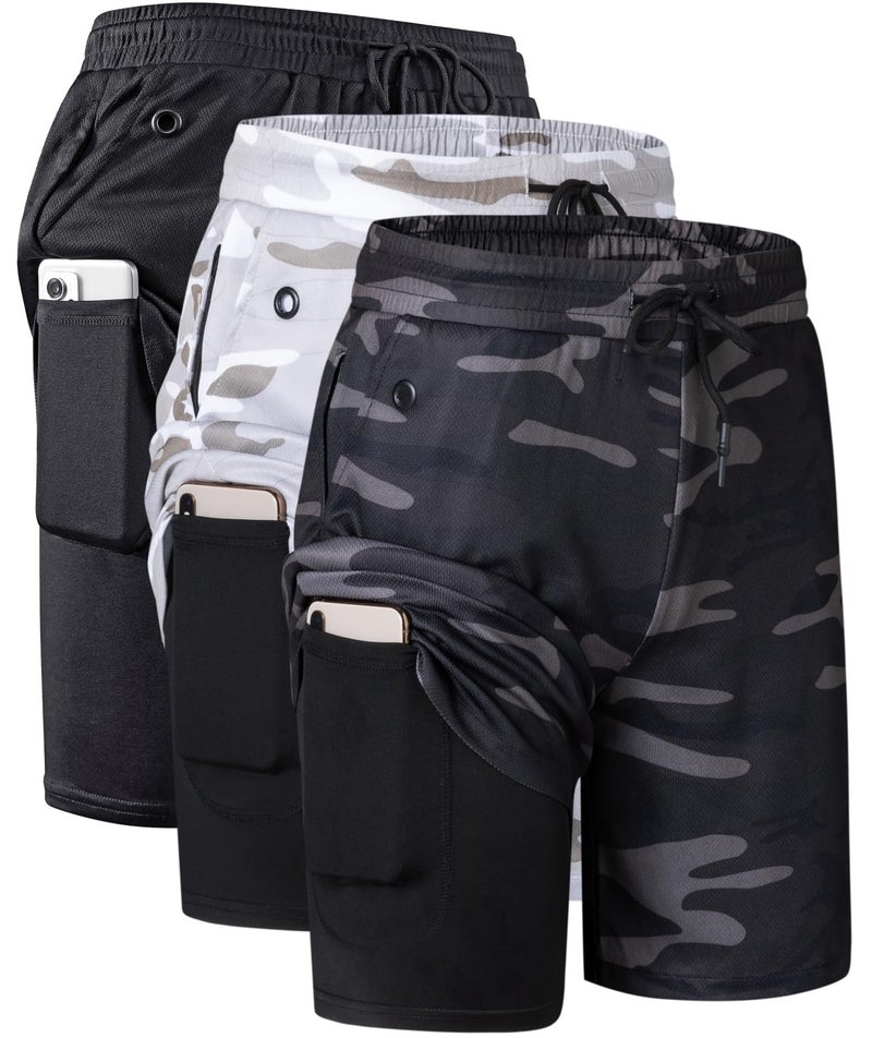 JWJ 3 Pack Men's 2 in 1 Workout Running Shorts 7 Inch Lightweight Athletic Gym Shorts with Compression Liner Black Camouflage Black Camo White M - Image 1