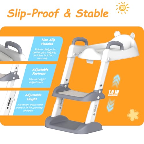 HBTower Potty Training Seat with Step Stool Ladder for Toddlers, Adjustable Kids Toilet Seat with Splash Guard, Anti-Slip Pads & Safety Handles, Comfortable Potty Chair for Boys & Girls (Grey) - Image 3