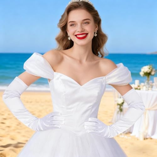 Wobe Long Opera Party 20s Satin Gloves Stretchy Adult Size 20.7" Elbow Length 1920s Satin Classic Sun Protection Wedding Bride Etiquette Gloves for Women Girls White - Image 5