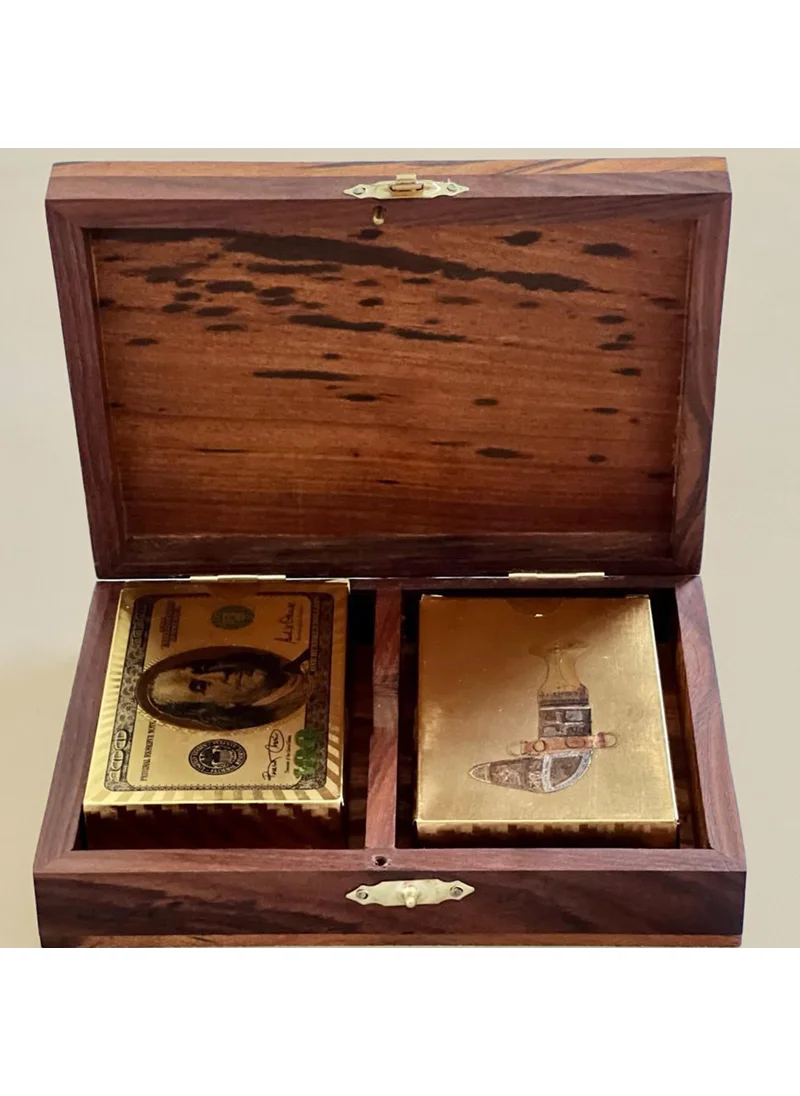 كويزيرا handmade solid wood brown playing card box with 2 golden card deck with lock