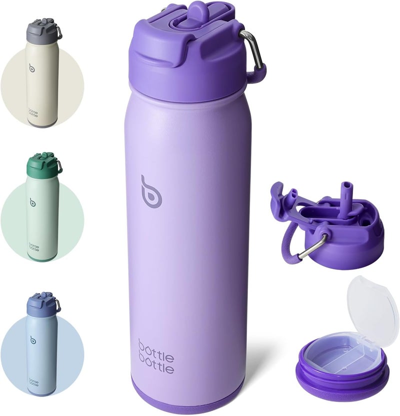 BOTTLE BOTTLE 24 oz Stainless Steel Insulated Sports Water Bottle with Straw and Pills Holder - Purple - Image 1