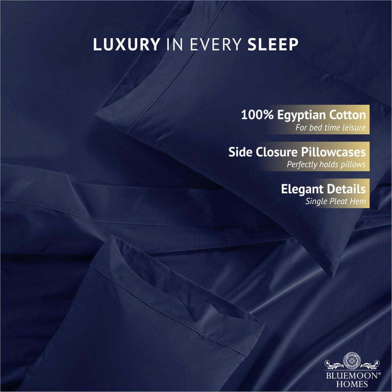 Bluemoon Homes أوراق القطن المصرية لملك سرير بحجم كينغ مصدقة 1000 خيط العد من ورقة كينج مجموعة القطن الفاخرة ملاءات السرير ملوك الجيب العميق - صفائح ناعمة وناعمة بحجم الملك - الأزرق البحرية  - Image 4