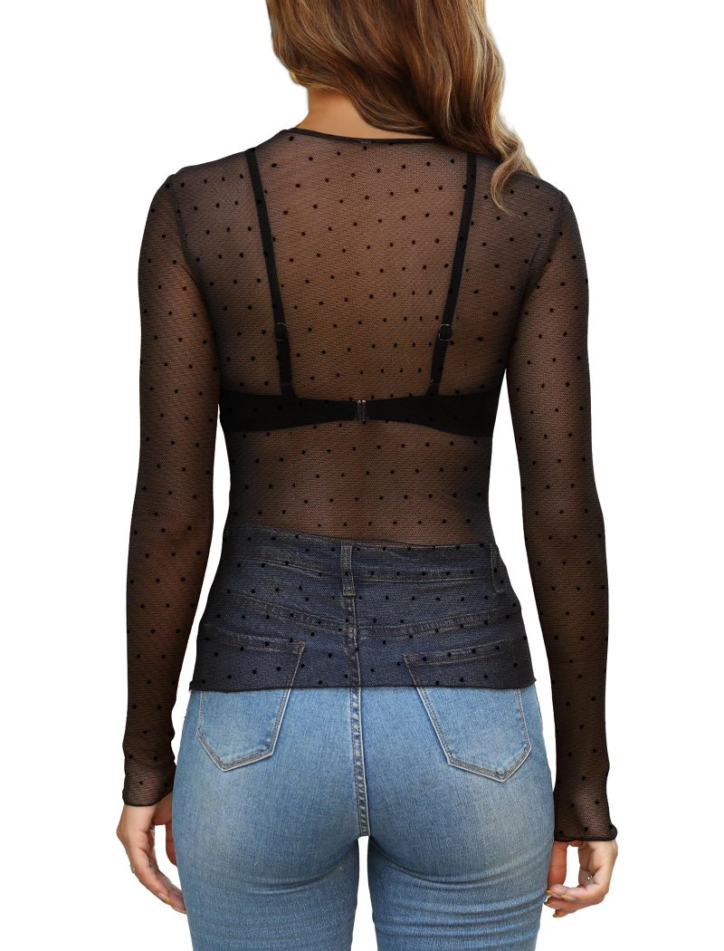 OFEEFAN Sexy Tops for Women Lace Long Sleeve Tops Trendy Summer Mesh Top Sheer Undershirt Slim Fitted Crewneck Shirts See Through Dressy Blouses Clubwear Black Dots L - Image 4