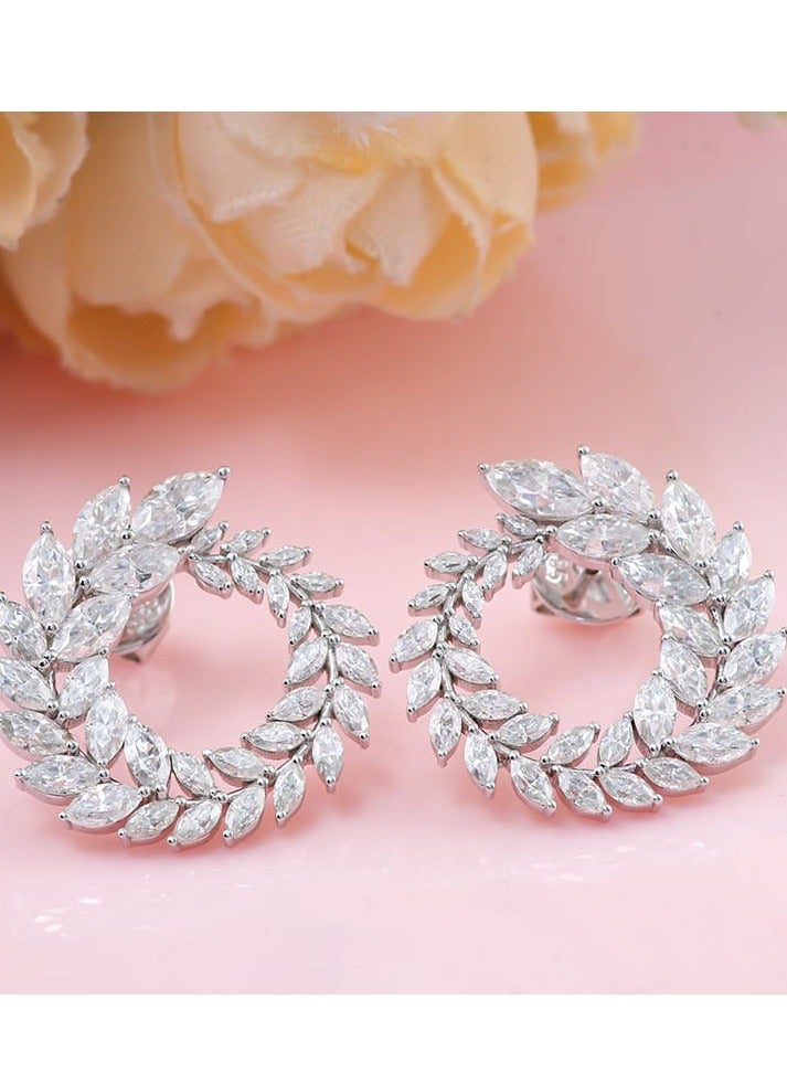 Rwnq Luxury Laurel Wreath Design Platinum Earrings, adorned with sparkling zircon stones and featuring a 925 sterling silver post – an elegant and eye-catching hoop earring, perfect for soirées and special occasions. An ideal gift for women. #Accessories #Jewelry #Women'sAccessories  - Image 2